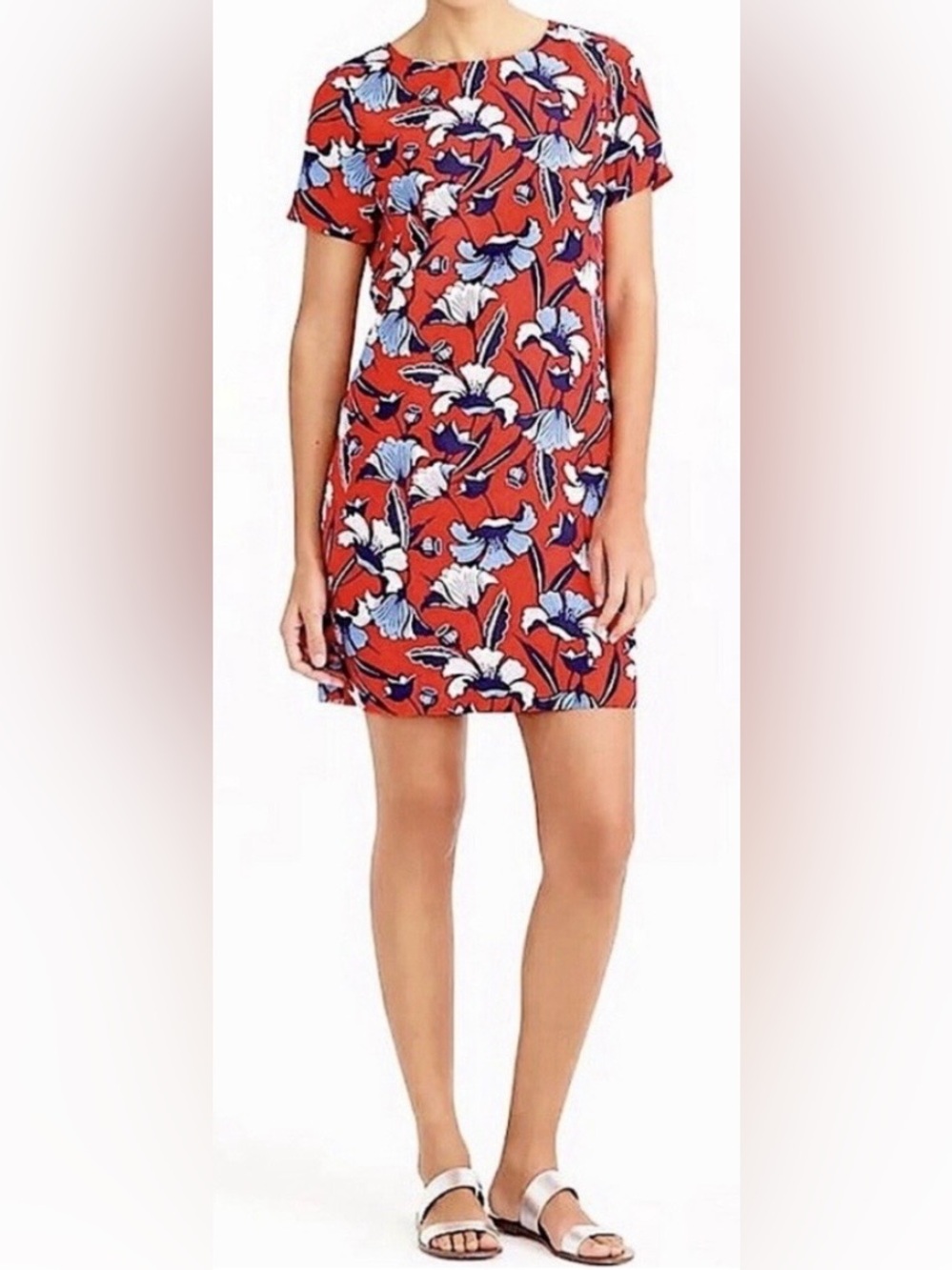 J. Crew Red Floral Dress with Blue & White Blooms
